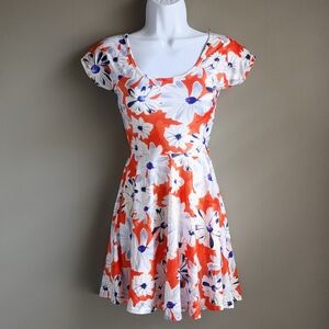 Bahama flower print cut out cross back scoop neck watercolor orange mini dress